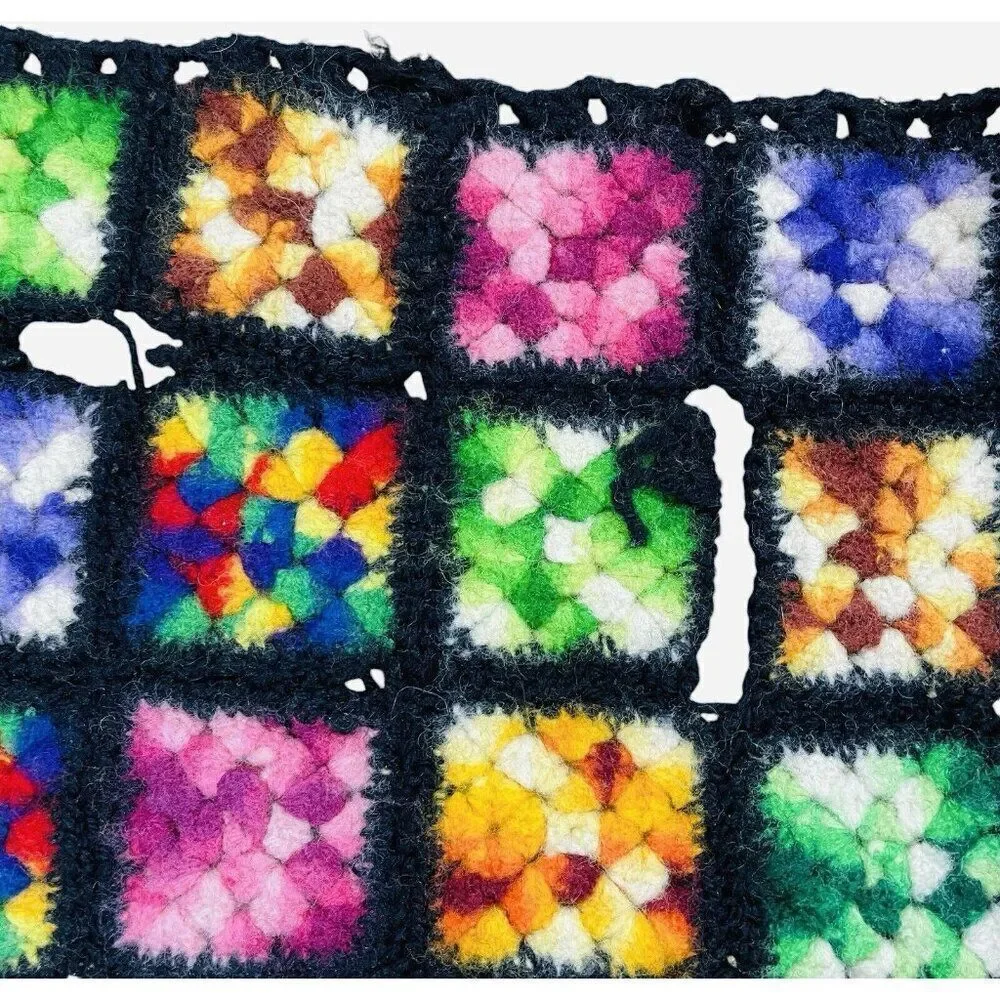Vintage Handmade Crochet Colorful Granny Square Afghan Throw 35 x 34 Couch Sofa